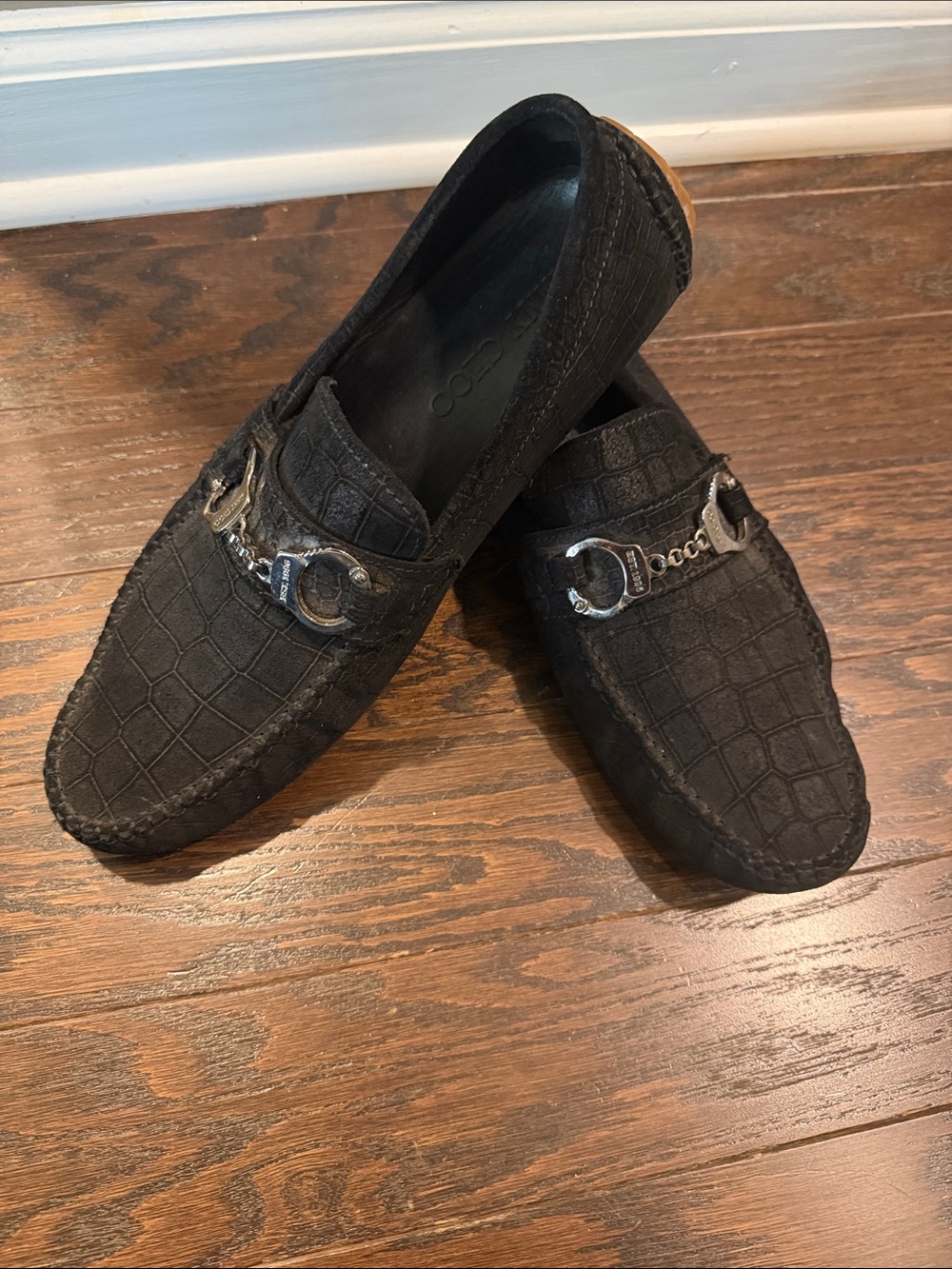 Jimmy Choo Black Croc-Embossed Silver Bit Driving Loafers